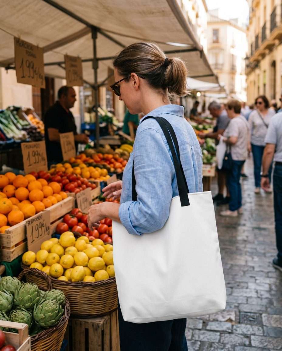 Bolsa tote personalizada all-over en uso (imagen de ambiente)