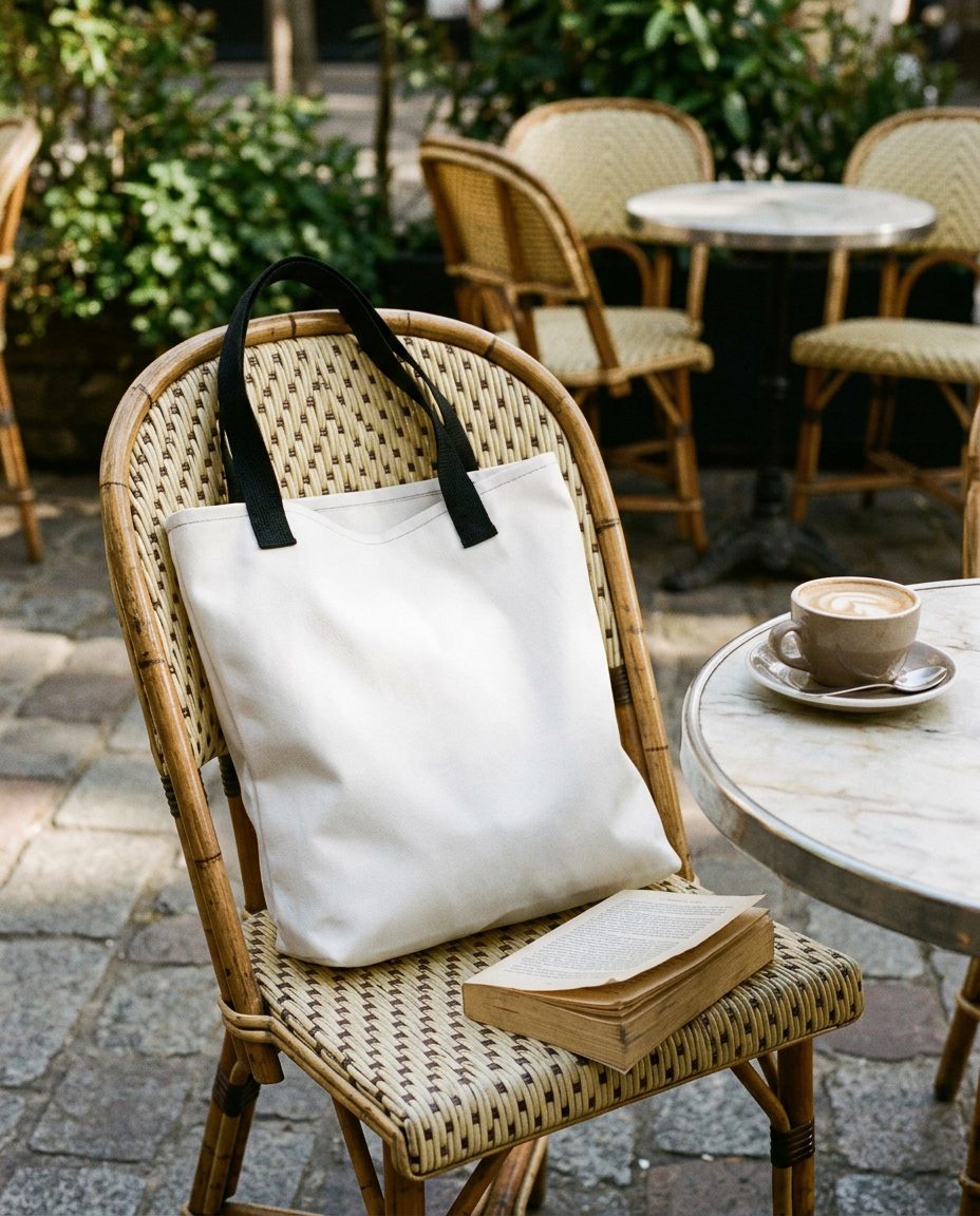 Bolsa tote personalizada all-over en uso (imagen de ambiente)