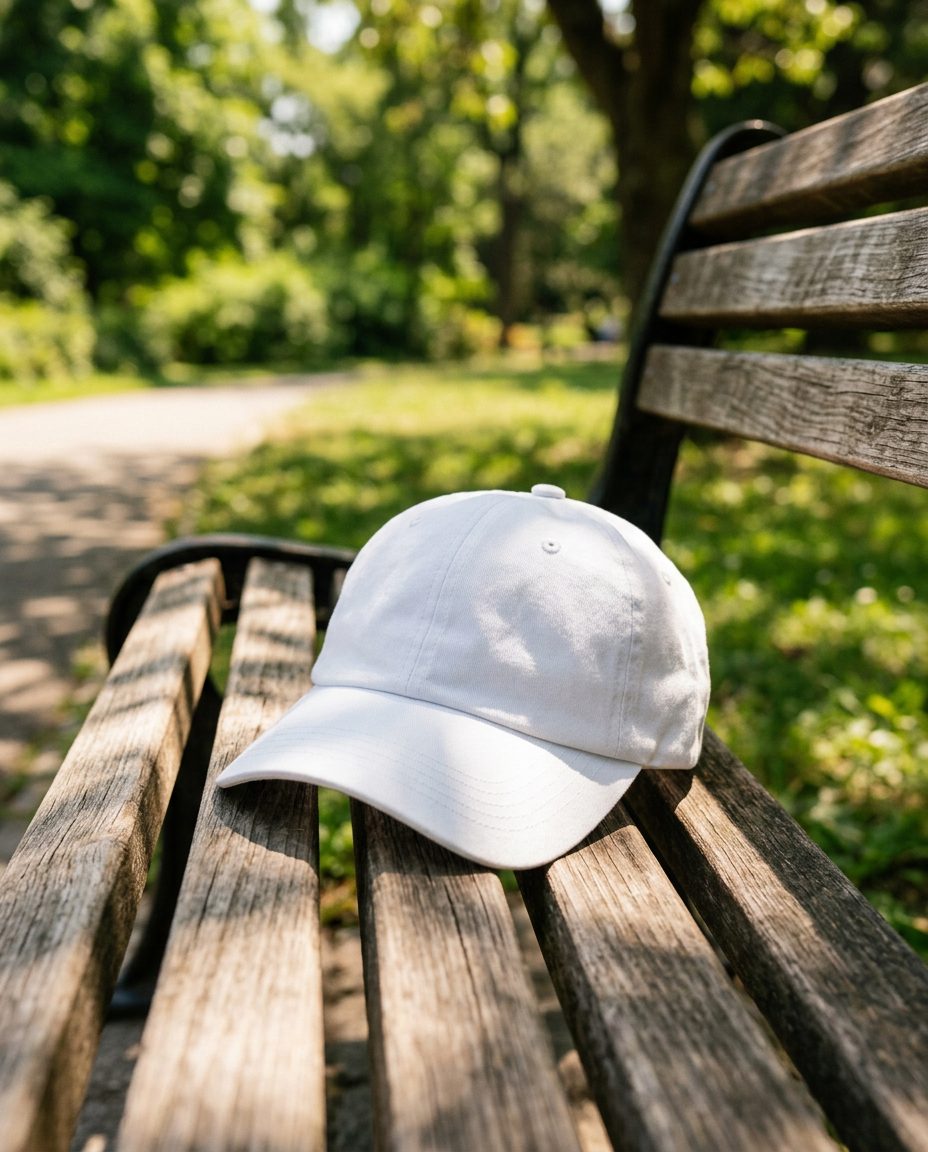 Gorra blanca bordada personalizada en uso (imagen de ambiente)