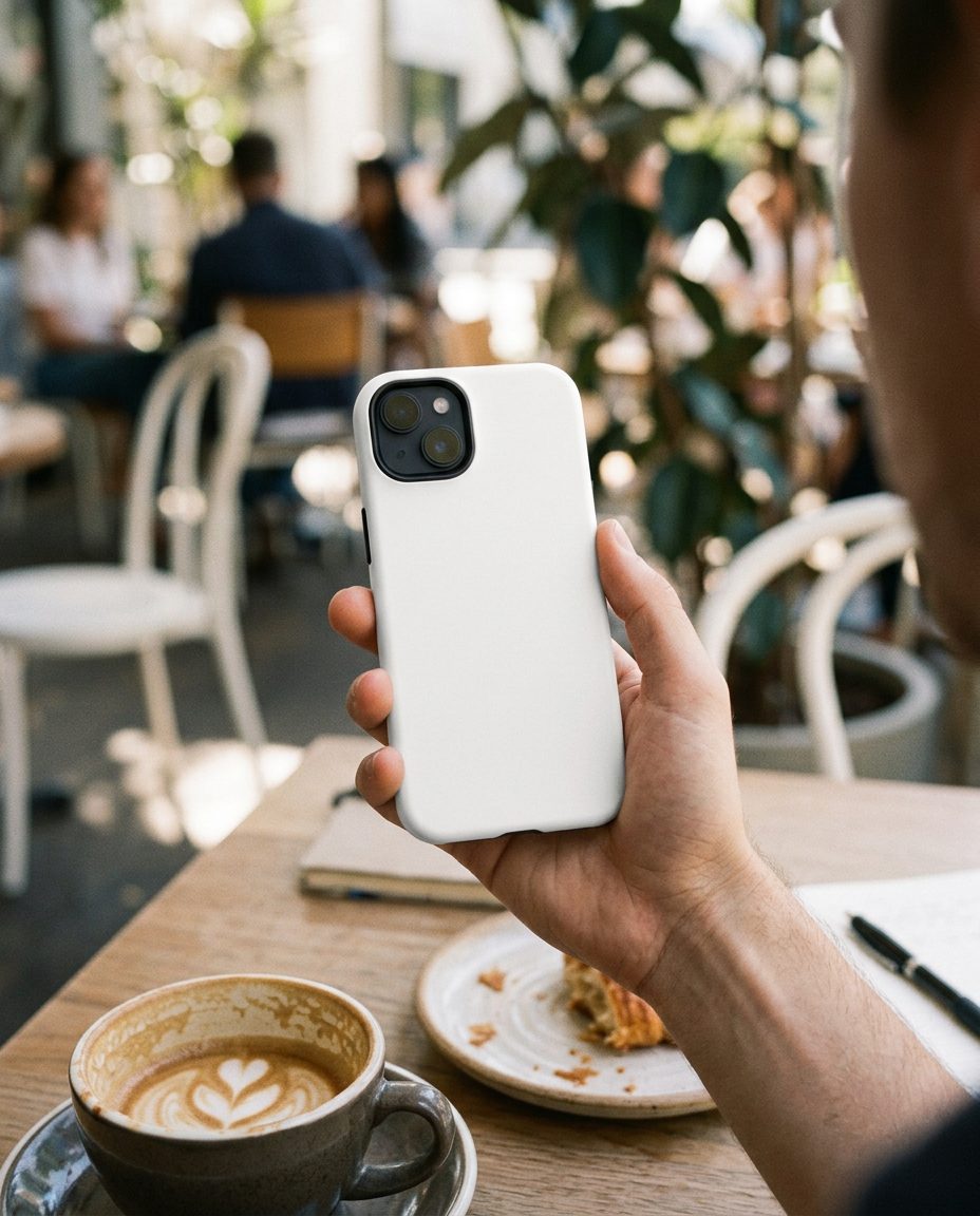 Funda iPhone personalizada Tough Case en uso (imagen de ambiente)