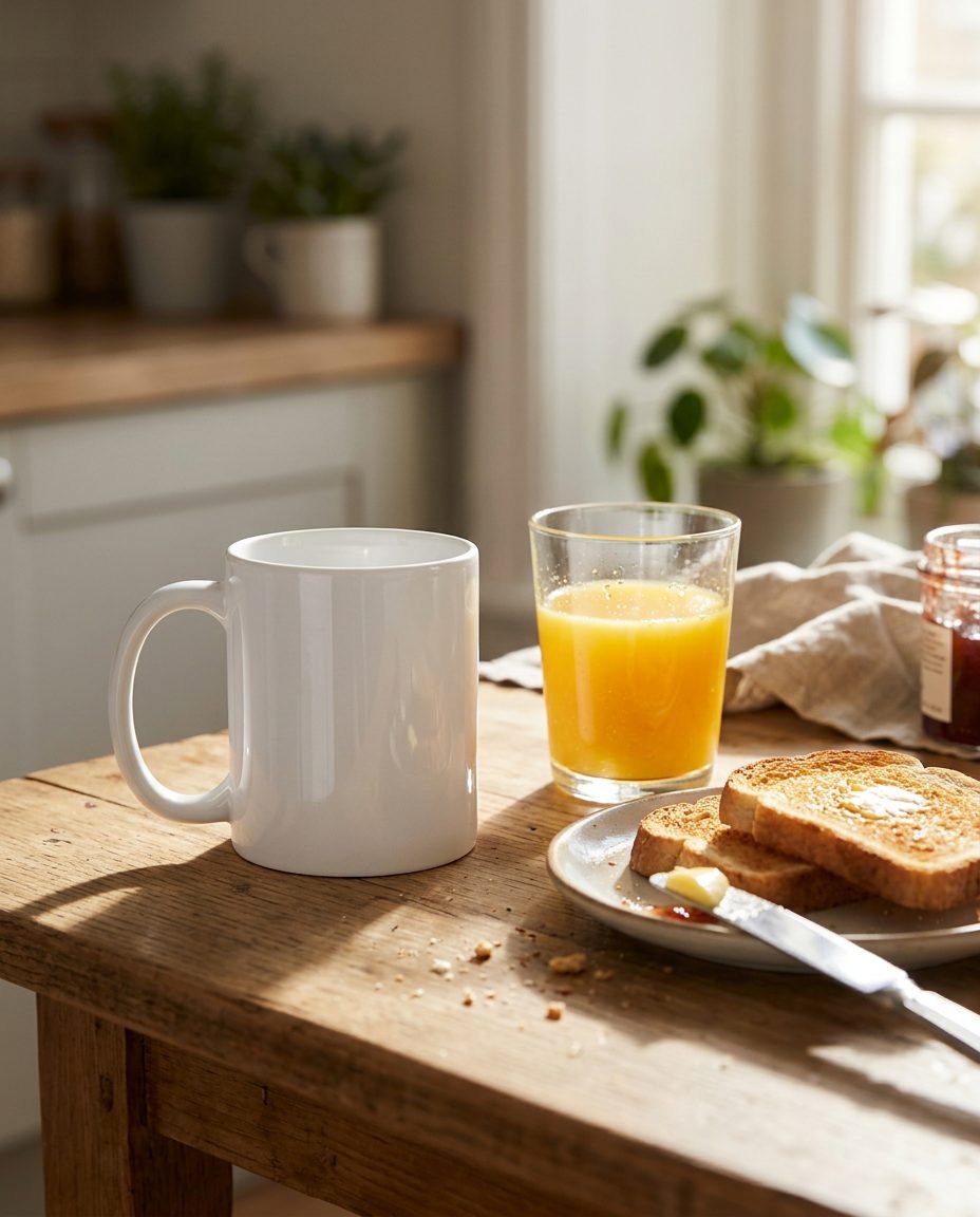 Taza personalizada 325 ml en uso (imagen de ambiente)